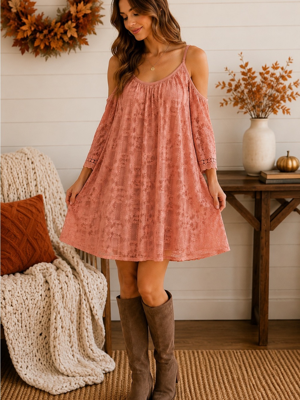 Xhilaration Dusty Rose Cold-Shoulder Lace Swing Dress